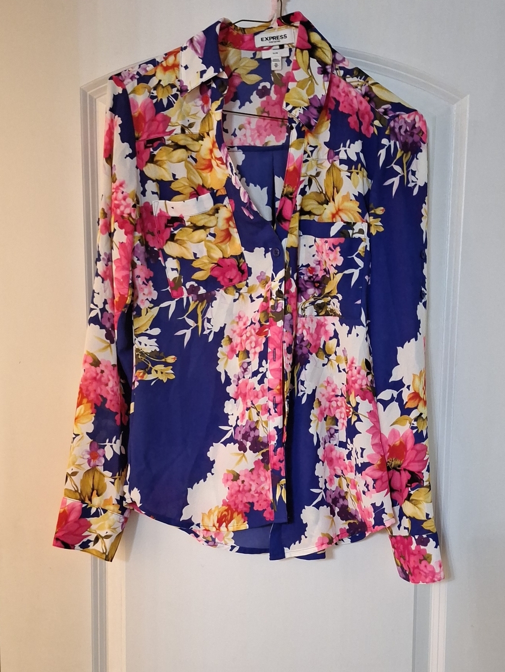 Express Floral Button-Down Blouse in Blue, Pink and Yellow